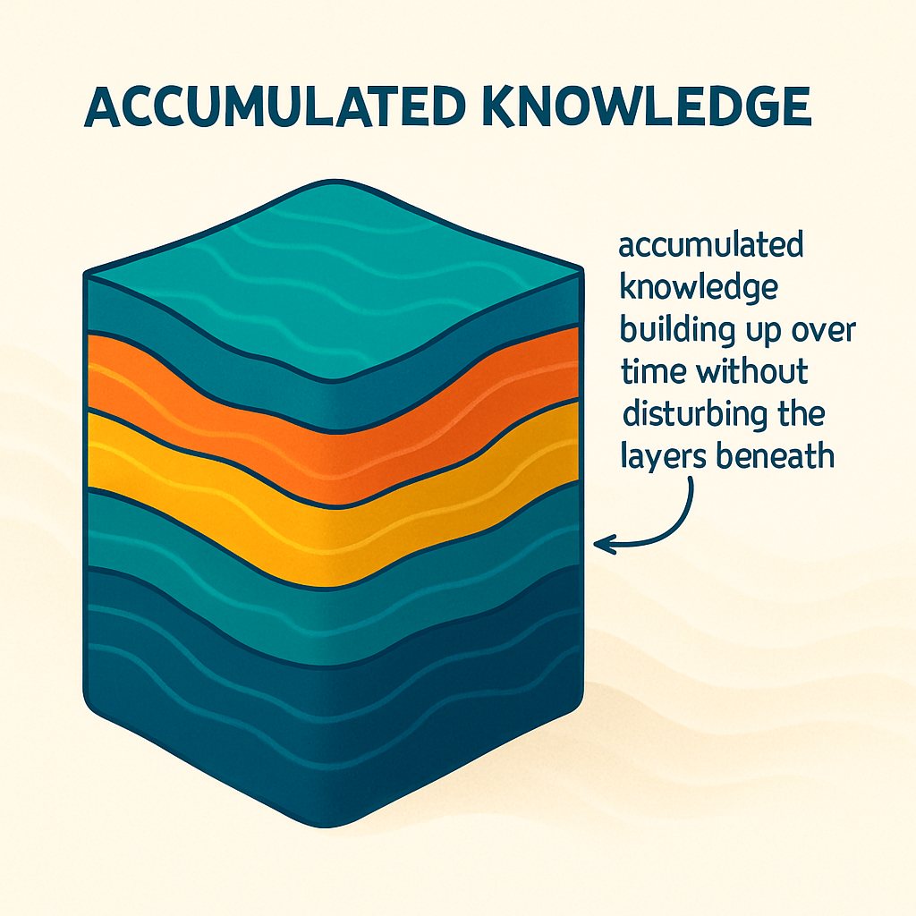 A cross-section diagram of layered sediment where each stratum is a different color and density, representing accumulated knowledge building up over time without disturbing the layers beneath