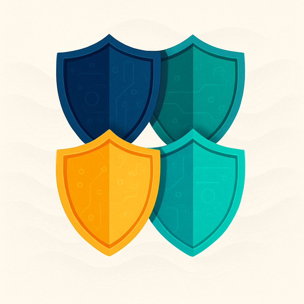 A set of four interlocking shield shapes arranged as a protection grid, rendered in cool blues and greens with a subtle mechanical texture, no labels