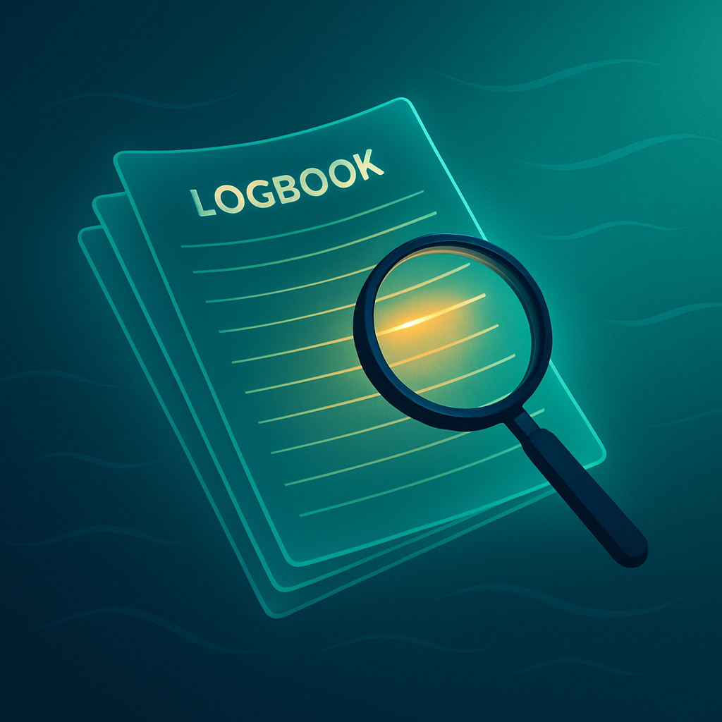 A translucent logbook floating in low light, each page line glowing faintly amber, with a magnifying glass hovering over a single anomalous entry